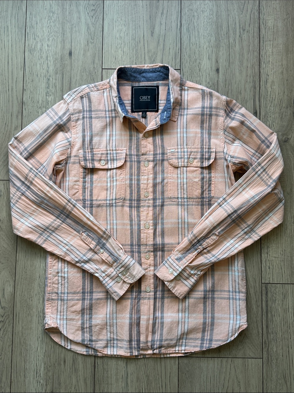 Obey Propaganda Men’s Small Plaid Button Front Shirt Orange Peach Long Sleeve